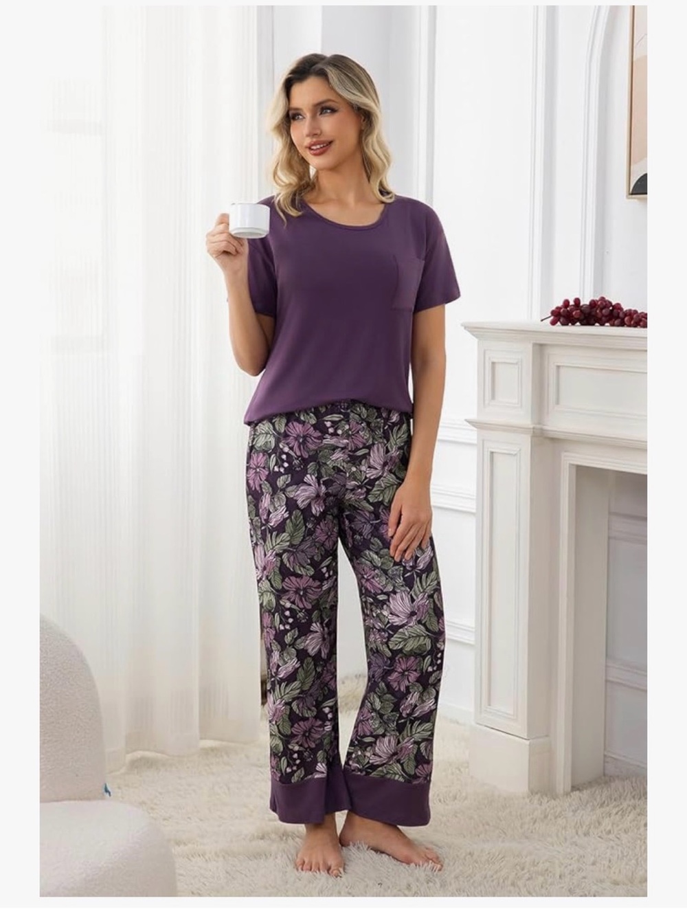 Women’s Purple Floral Sleep Set - Short Sleeve Top & Lounge Pants